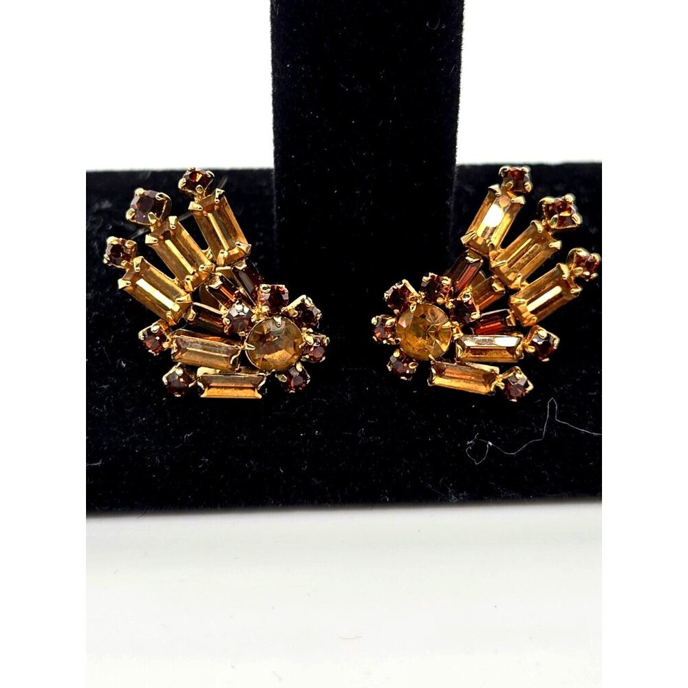 VTG Sherman Signed Amber Yellow and Brown Clip Earrings 1 inch huggies floral